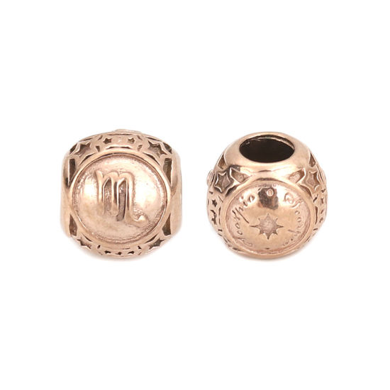 Imagen de 304 Acero Inoxidable Fundición Cuentas Ronda Oro Rosa Constelación Escorpio 10mm Diámetro, Agujero: Aprox 4.3mm, 1 Unidad