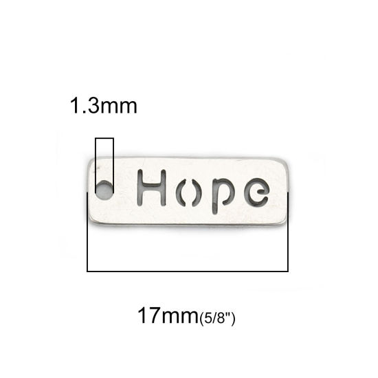 304ステンレス鋼 ペンダント 長方形 シルバートーン 文字" Hope " 透かし 17mm x 6mm、 5 個 の画像