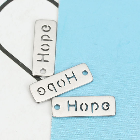 304ステンレス鋼 ペンダント 長方形 シルバートーン 文字" Hope " 透かし 17mm x 6mm、 5 個 の画像