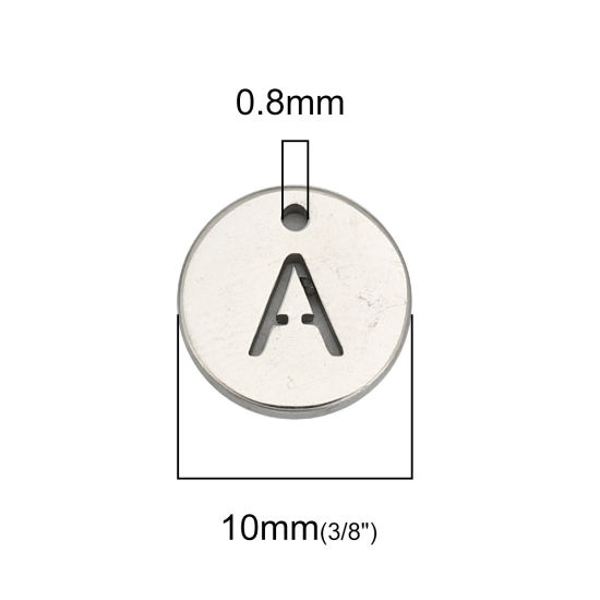 Picture of 304 Stainless Steel Charms Round Silver Tone Initial Alphabet/ Capital Letter Message " A " Hollow 10mm( 3/8") Dia., 5 PCs
