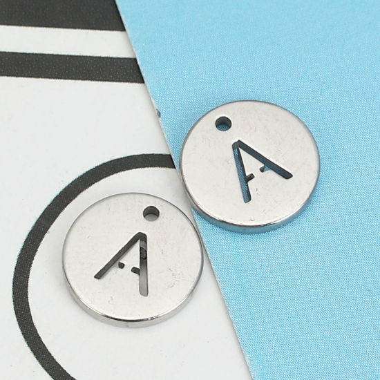 Picture of 304 Stainless Steel Charms Round Silver Tone Initial Alphabet/ Capital Letter Message " A " Hollow 10mm( 3/8") Dia., 5 PCs