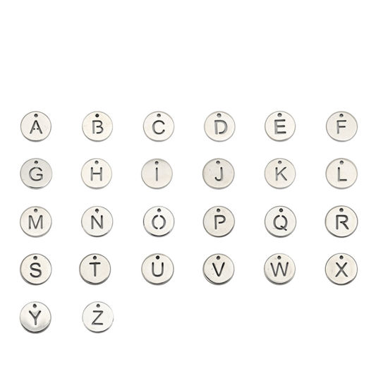 Picture of 304 Stainless Steel Charms Round Silver Tone Initial Alphabet/ Capital Letter Message " A " Hollow 10mm( 3/8") Dia., 5 PCs