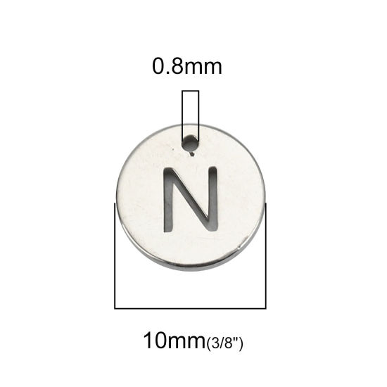 Picture of 304 Stainless Steel Charms Round Silver Tone Initial Alphabet/ Capital Letter Message " N " Hollow 10mm( 3/8") Dia., 5 PCs