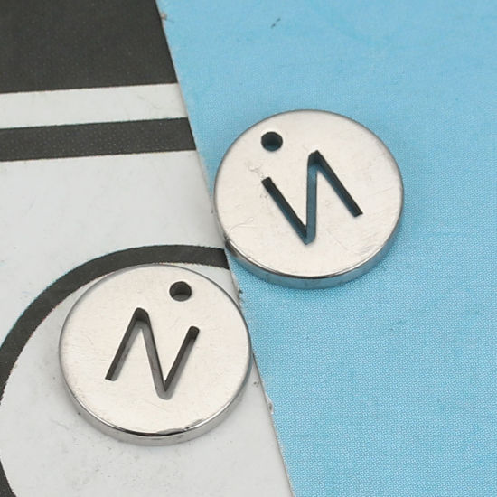 Picture of 304 Stainless Steel Charms Round Silver Tone Initial Alphabet/ Capital Letter Message " N " Hollow 10mm( 3/8") Dia., 5 PCs