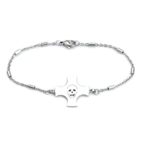 Immagine di 304 Acciaio Inossidabile Braccialetti Tono Argento Croce Cranio 20cm Lunghezza, 1 Pz