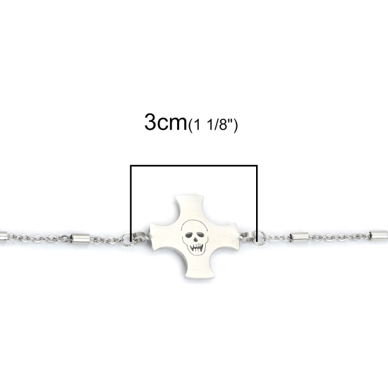 Immagine di 304 Acciaio Inossidabile Braccialetti Tono Argento Croce Cranio 20cm Lunghezza, 1 Pz