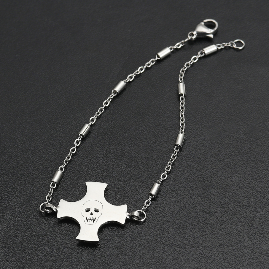 Immagine di 304 Acciaio Inossidabile Braccialetti Tono Argento Croce Cranio 20cm Lunghezza, 1 Pz