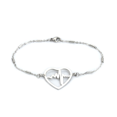 Image de Bracelets en 304 Acier Inoxydable Argent Mat Cœur Electrocardiogramme 18.5cm long, 1 Pièce