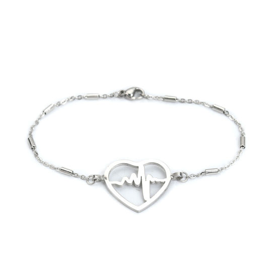 Immagine di 304 Acciaio Inossidabile Braccialetti Tono Argento Cuore IL Battito Cardiaco /Dell 'elettrocardiogramma 18.5cm Lunghezza, 1 Pz