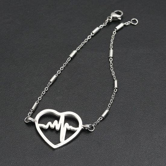 Immagine di 304 Acciaio Inossidabile Braccialetti Tono Argento Cuore IL Battito Cardiaco /Dell 'elettrocardiogramma 18.5cm Lunghezza, 1 Pz