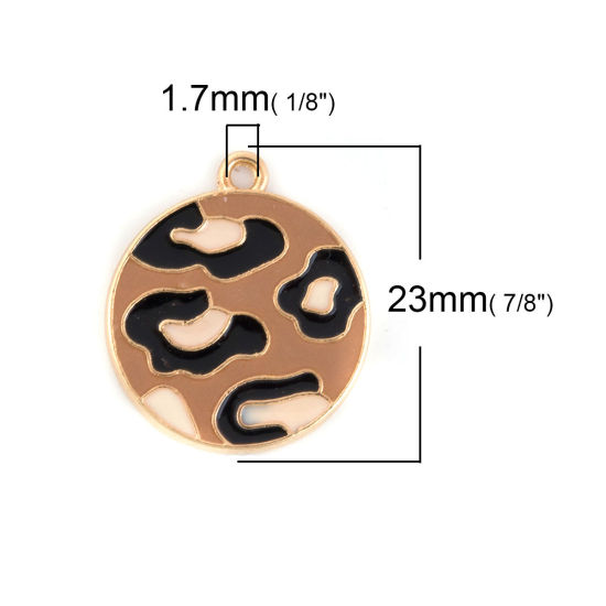 Image de Breloques en Alliage de Zinc Rond Léopard Émail Doré Brun 23mm x 20mm, 5 Pcs