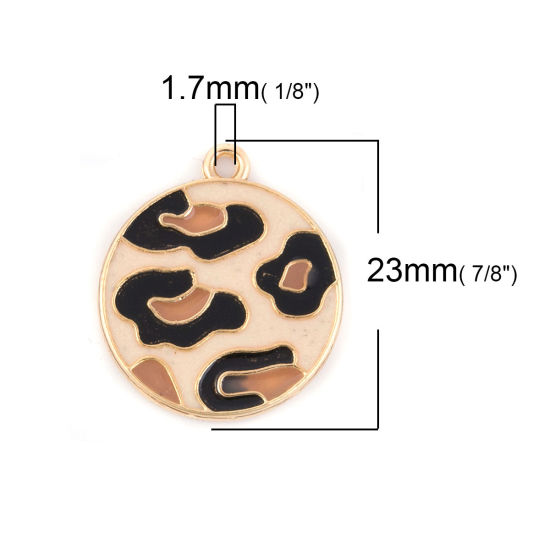 Image de Breloques en Alliage de Zinc Rond Léopard Émail Doré Crème 23mm x 20mm, 5 Pcs