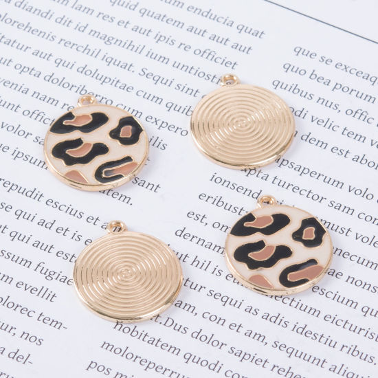 Image de Breloques en Alliage de Zinc Rond Léopard Émail Doré Crème 23mm x 20mm, 5 Pcs
