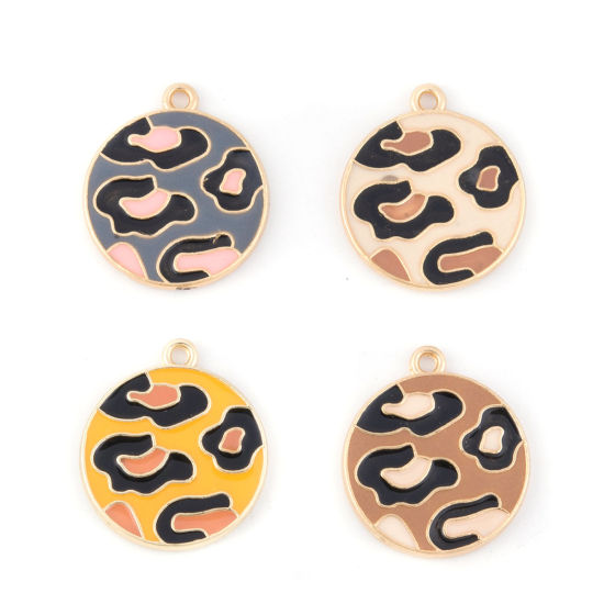 Image de Breloques en Alliage de Zinc Rond Léopard Émail Doré Crème 23mm x 20mm, 5 Pcs