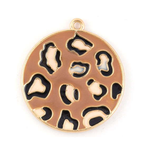Image de Pendentifs en Alliage de Zinc Rond Léopard Émail Doré Brun 3.3cm x 3cm, 5 Pcs
