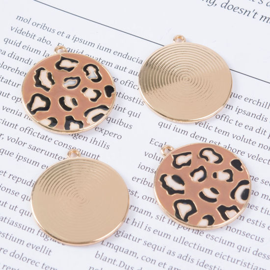 Image de Pendentifs en Alliage de Zinc Rond Léopard Émail Doré Brun 3.3cm x 3cm, 5 Pcs