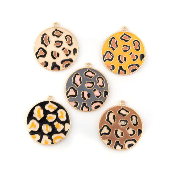 Image de Pendentifs en Alliage de Zinc Rond Léopard Émail Doré Brun 3.3cm x 3cm, 5 Pcs