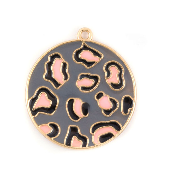 Image de Pendentifs en Alliage de Zinc Rond Léopard Émail Doré Gris 3.3cm x 3cm, 5 Pcs