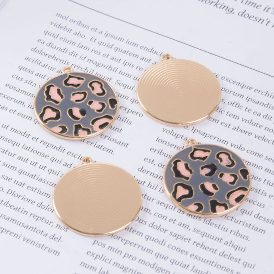 Image de Pendentifs en Alliage de Zinc Rond Léopard Émail Doré Gris 3.3cm x 3cm, 5 Pcs