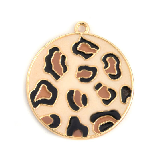 Image de Pendentifs en Alliage de Zinc Rond Léopard Émail Doré Crème 3.3cm x 3cm, 5 Pcs