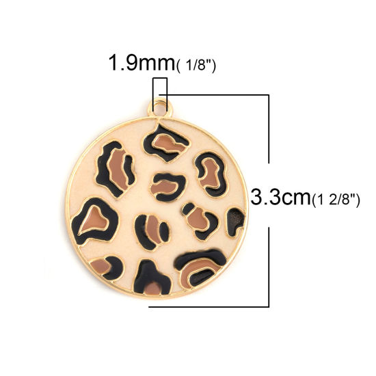 Image de Pendentifs en Alliage de Zinc Rond Léopard Émail Doré Crème 3.3cm x 3cm, 5 Pcs