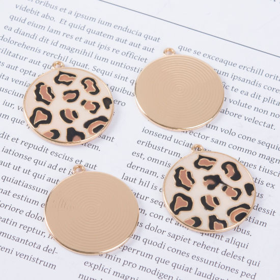 Image de Pendentifs en Alliage de Zinc Rond Léopard Émail Doré Crème 3.3cm x 3cm, 5 Pcs