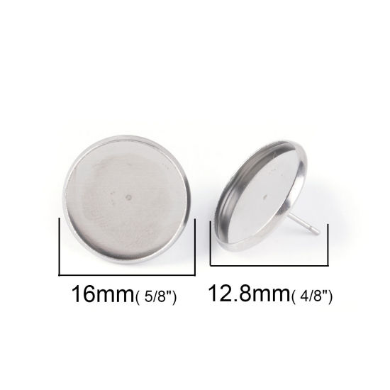 Bild von 304 Edelstahl Ohrring Ohrstecker Rund Silberfarbe Cabochon Fassung (für 14mm) 16mm D., Drahtstärke: (20 gauge), 10 Stück