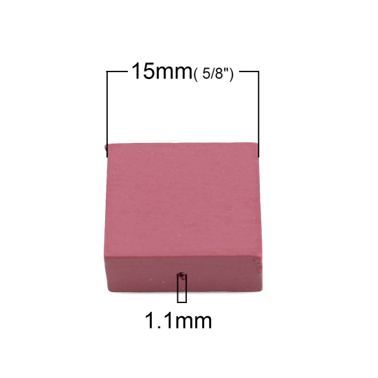 Picture of Natural Wood Spacer Beads Square Dark Pink About 15mm x15mm - 15mm x14mm, Hole: Approx 1.1mm, 30 PCs