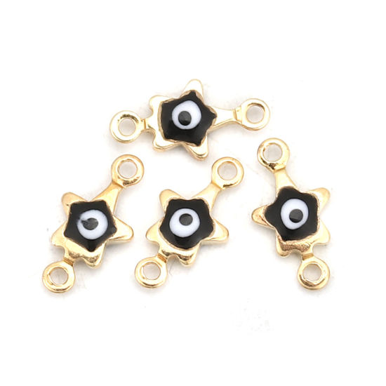 Imagen de Latón Conectores Estrellas de cinco puntos Chapado en Oro Negro Mal de ojo Esmalte 11mm x 6mm, 10 Unidades