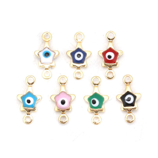 Imagen de Latón Conectores Estrellas de cinco puntos Chapado en Oro Negro Mal de ojo Esmalte 11mm x 6mm, 10 Unidades