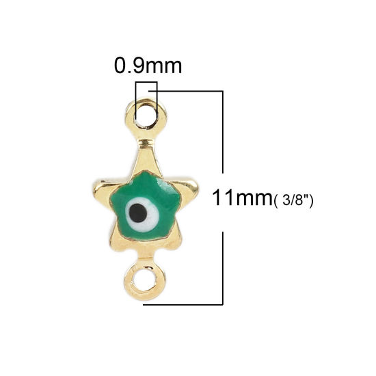Imagen de Latón Conectores Estrellas de cinco puntos Chapado en Oro Verde Mal de ojo Esmalte 11mm x 6mm, 10 Unidades