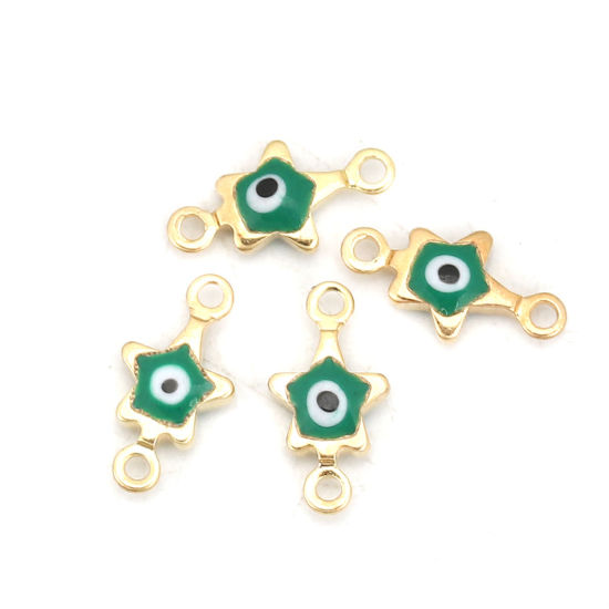 Imagen de Latón Conectores Estrellas de cinco puntos Chapado en Oro Verde Mal de ojo Esmalte 11mm x 6mm, 10 Unidades