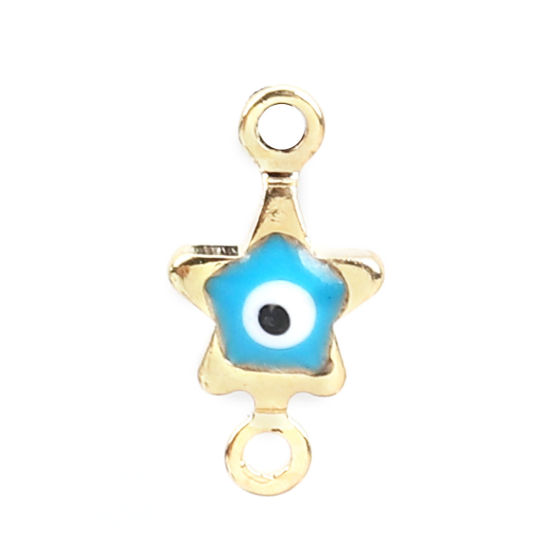 Imagen de Latón Conectores Estrellas de cinco puntos Chapado en Oro Azul Cielo Mal de ojo Esmalte 11mm x 6mm, 10 Unidades