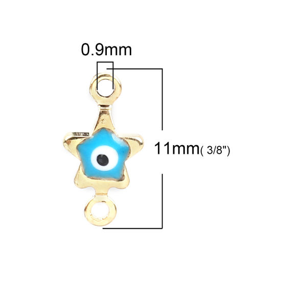 Imagen de Latón Conectores Estrellas de cinco puntos Chapado en Oro Azul Cielo Mal de ojo Esmalte 11mm x 6mm, 10 Unidades