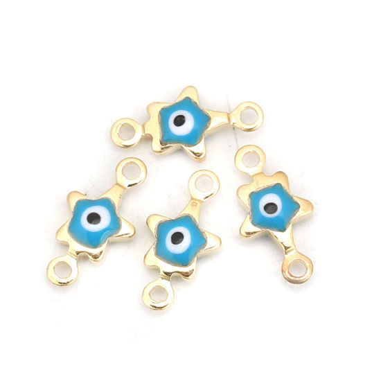 Imagen de Latón Conectores Estrellas de cinco puntos Chapado en Oro Azul Cielo Mal de ojo Esmalte 11mm x 6mm, 10 Unidades