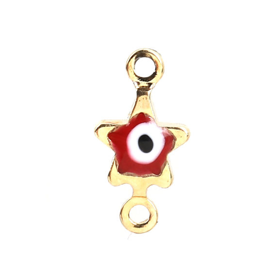 Picture of Brass Connectors Pentagram Star Gold Plated Red Evil Eye Enamel 11mm( 3/8") x 6mm( 2/8"), 10 PCs                                                                                                                                                              