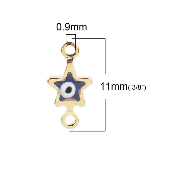 Imagen de Latón Conectores Estrellas de cinco puntos Chapado en Oro Azul Marino Mal de ojo Esmalte 11mm x 6mm, 10 Unidades