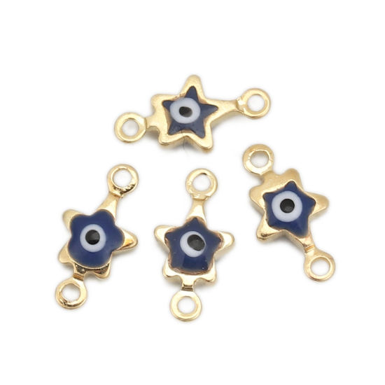 Imagen de Latón Conectores Estrellas de cinco puntos Chapado en Oro Azul Marino Mal de ojo Esmalte 11mm x 6mm, 10 Unidades