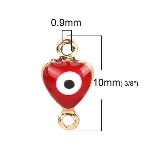 Picture of Brass Connectors Heart Gold Plated Red Evil Eye Enamel 10mm( 3/8") x 6mm( 2/8"), 10 PCs                                                                                                                                                                       