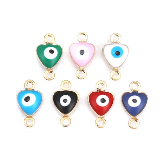 Picture of Brass Connectors Heart Gold Plated Red Evil Eye Enamel 10mm( 3/8") x 6mm( 2/8"), 10 PCs                                                                                                                                                                       