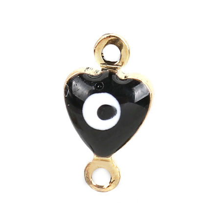 Bild von Messing Verbinder Herz Vergoldet Schwarz Böser Blick Evil Eye Emaille 10mm x 6mm, 10 Stück