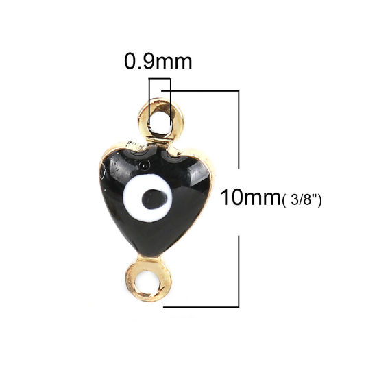 Picture of Brass Connectors Heart Gold Plated Black Evil Eye Enamel 10mm( 3/8") x 6mm( 2/8"), 10 PCs                                                                                                                                                                     