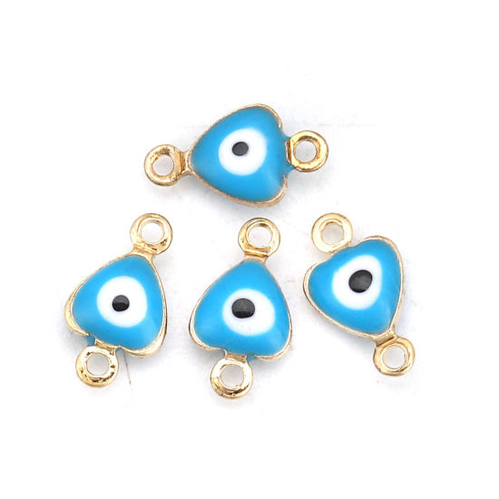 Picture of Brass Connectors Heart Gold Plated Blue Evil Eye Enamel 10mm( 3/8") x 6mm( 2/8"), 10 PCs                                                                                                                                                                      