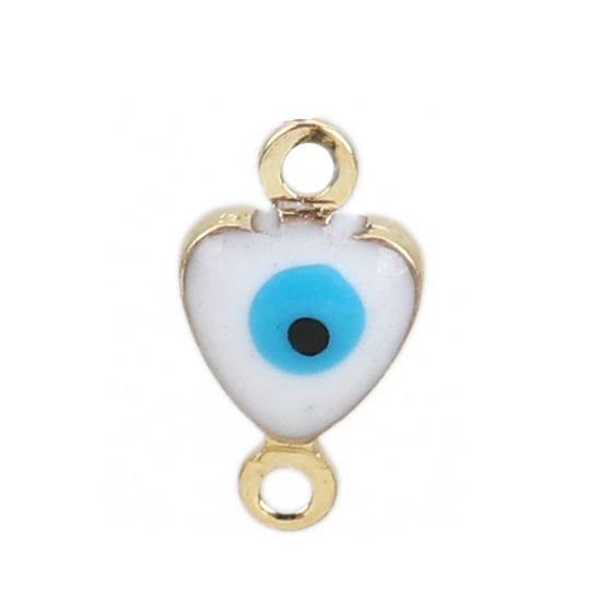 Picture of Brass Connectors Heart Gold Plated White Evil Eye Enamel 10mm( 3/8") x 6mm( 2/8"), 10 PCs                                                                                                                                                                     