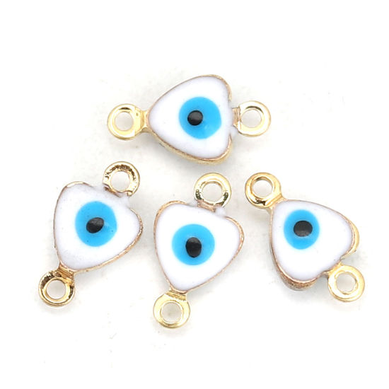 Picture of Brass Connectors Heart Gold Plated White Evil Eye Enamel 10mm( 3/8") x 6mm( 2/8"), 10 PCs                                                                                                                                                                     