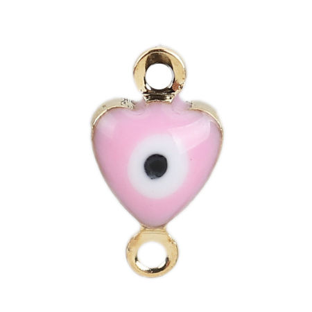 Bild von Messing Verbinder Herz Vergoldet Hellrosa Böser Blick Evil Eye Emaille 10mm x 6mm, 10 Stück