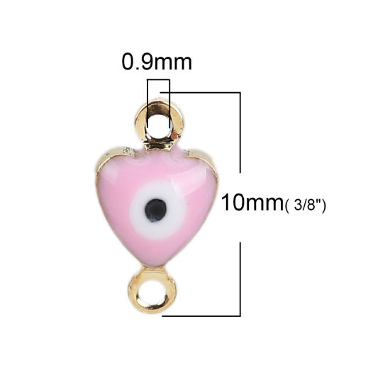 Picture of Brass Connectors Heart Gold Plated Light Pink Evil Eye Enamel 10mm( 3/8") x 6mm( 2/8"), 10 PCs                                                                                                                                                                