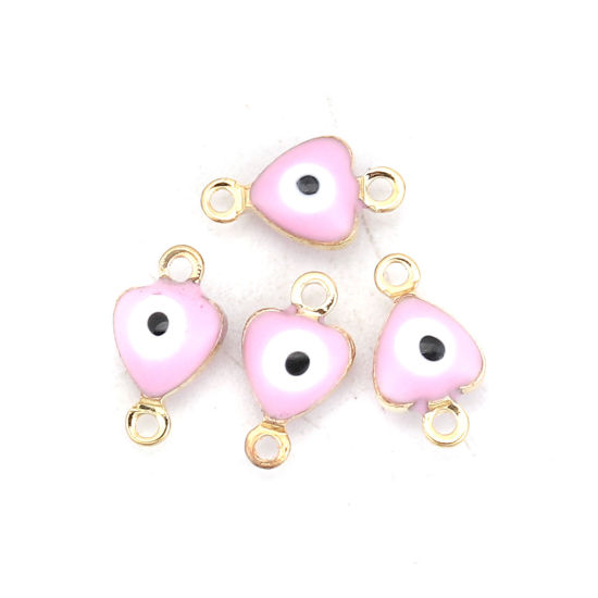 Picture of Brass Connectors Heart Gold Plated Light Pink Evil Eye Enamel 10mm( 3/8") x 6mm( 2/8"), 10 PCs                                                                                                                                                                