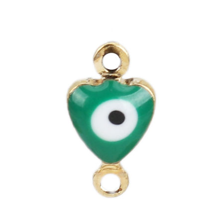 Bild von Messing Verbinder Herz Vergoldet Grün Böser Blick Evil Eye Emaille 10mm x 6mm, 10 Stück