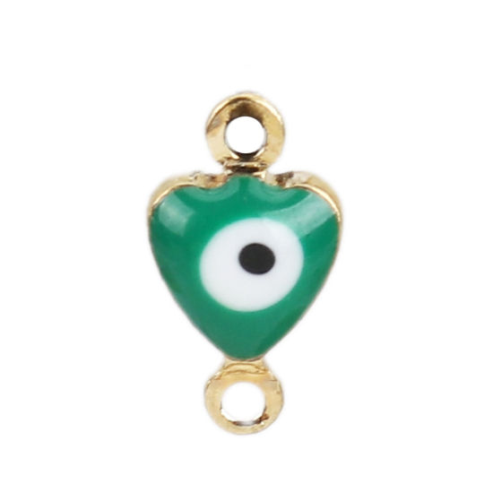 Picture of Brass Connectors Heart Gold Plated Green Evil Eye Enamel 10mm( 3/8") x 6mm( 2/8"), 10 PCs                                                                                                                                                                     